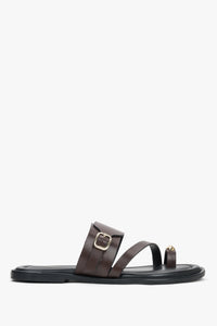 Women’s Dark Brown Leather Slides with Gold Buckle and Toe Loop Estro ER00119559.