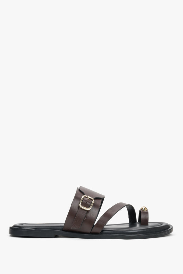 Women’s Dark Brown Leather Slides with Gold Buckle and Toe Loop Estro ER00119559.
