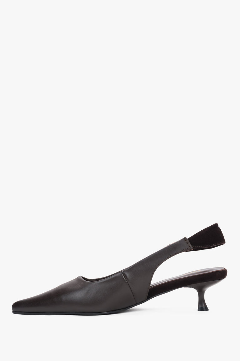 Women’s dark brown slingback kitten heel pumps by Estro.