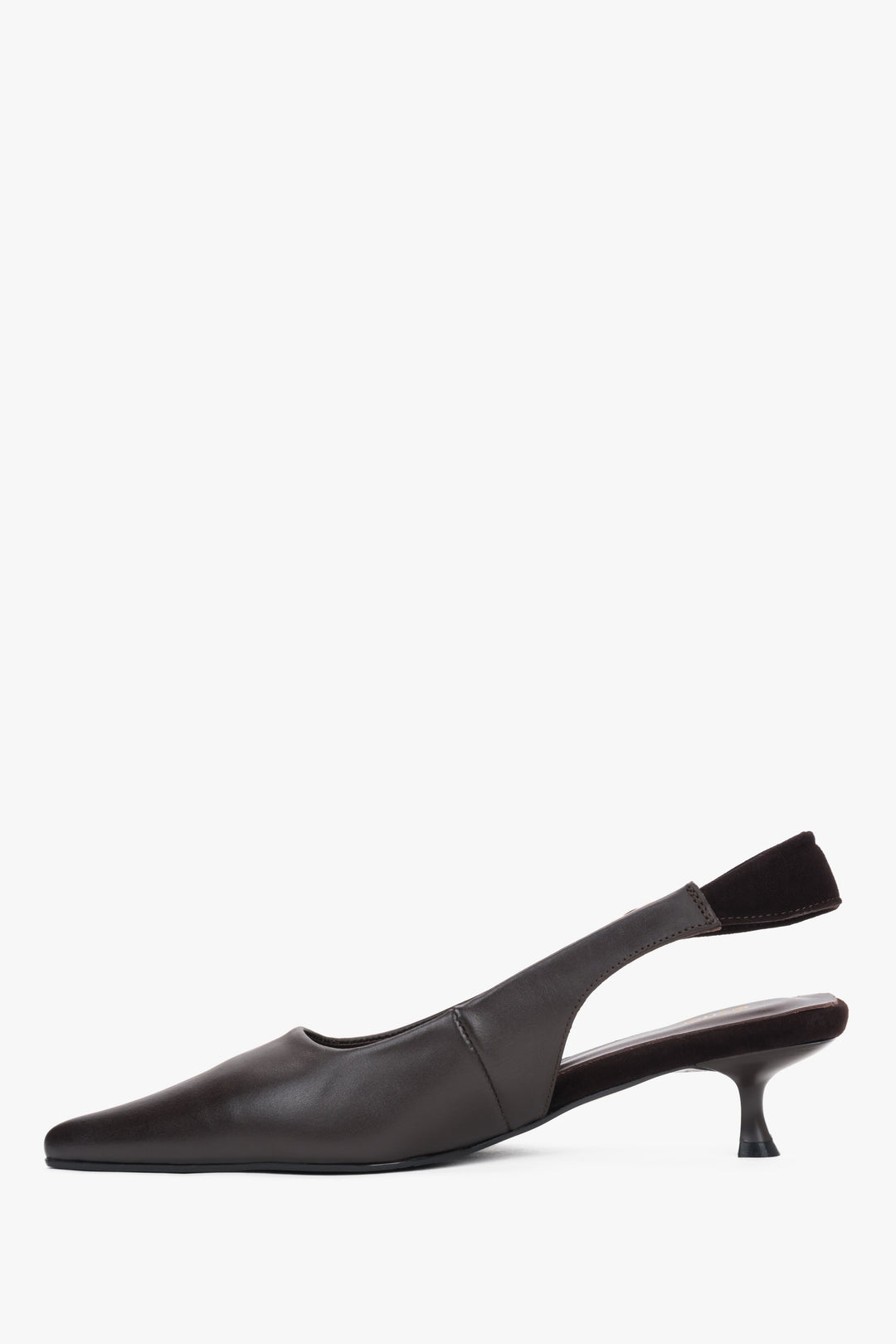Women’s dark brown slingback kitten heel pumps by Estro.