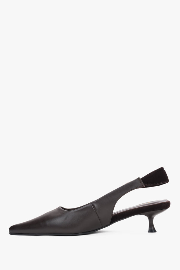 Women’s dark brown slingback kitten heel pumps by Estro.