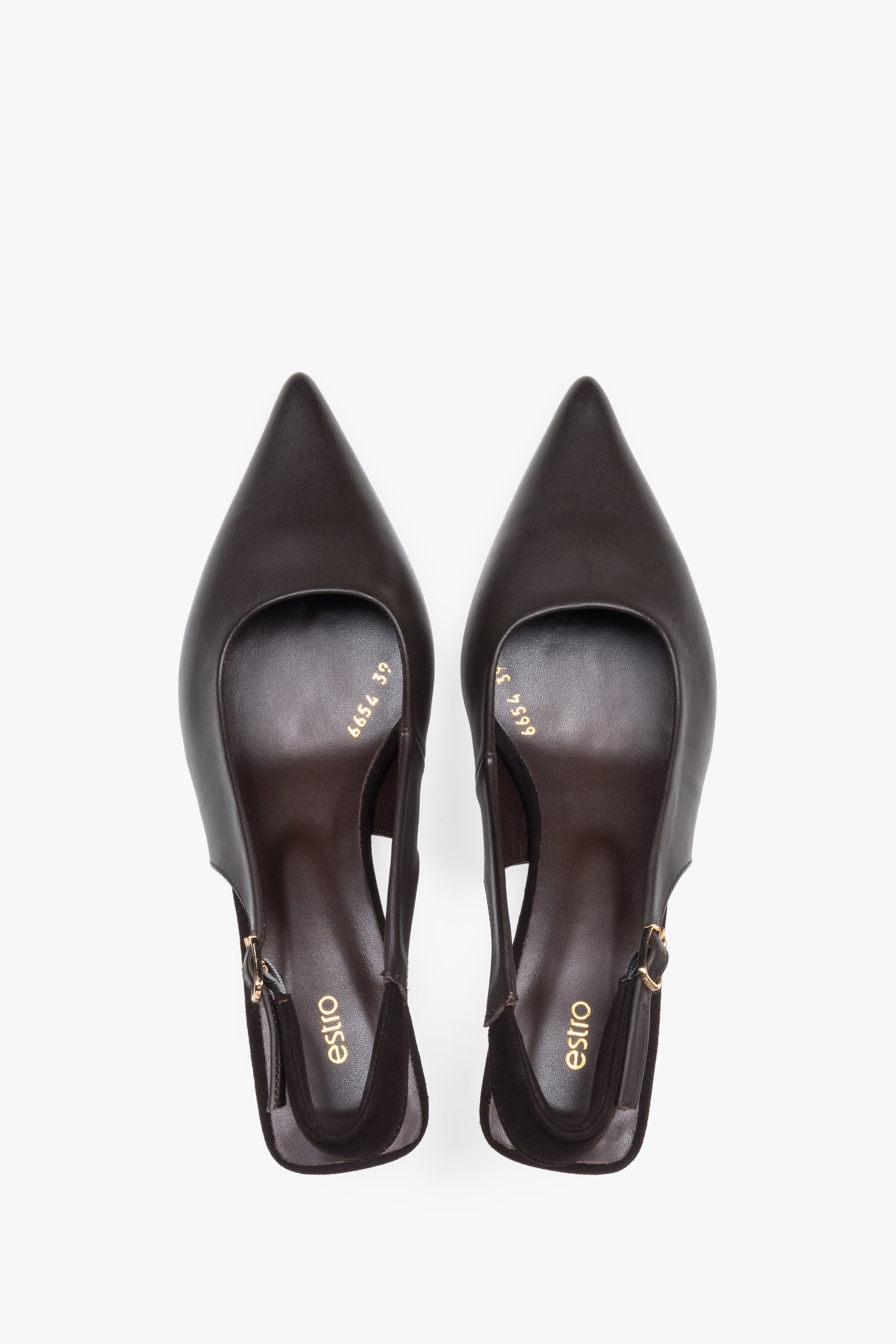 Women’s dark brown slingback pumps with a kitten heel, Estro.