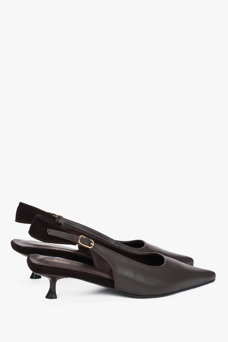 Women’s dark brown slingback kitten heel pumps by Estro.