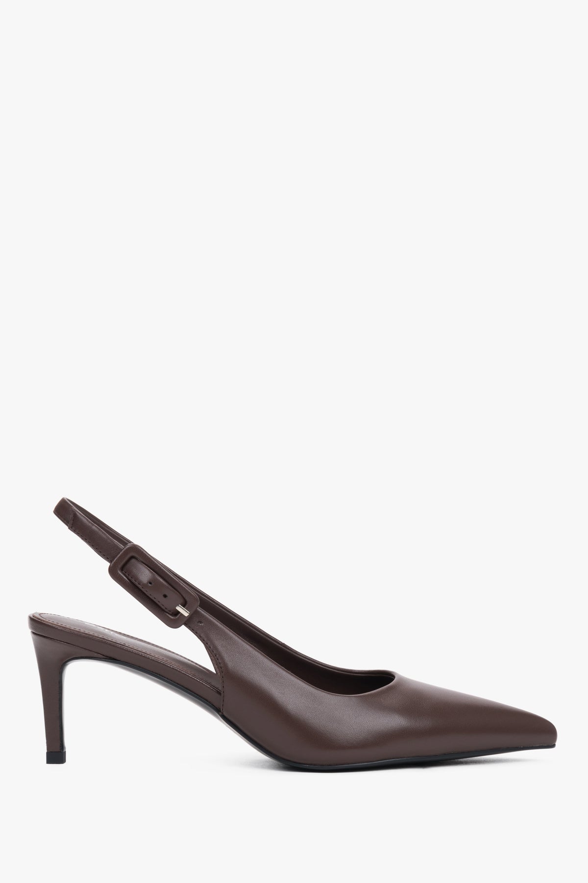 Women’s dark brown natural leather slingback pumps with a pointed toe, Estro.
