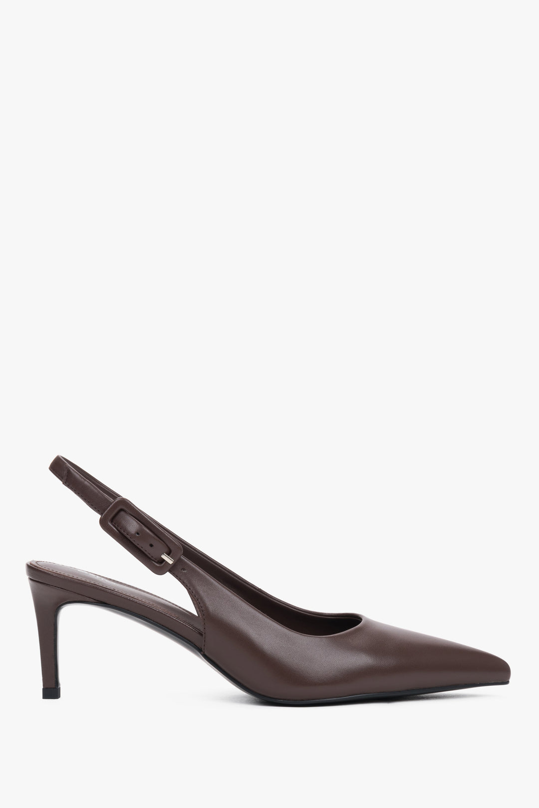Women’s dark brown natural leather slingback pumps with a pointed toe, Estro.
