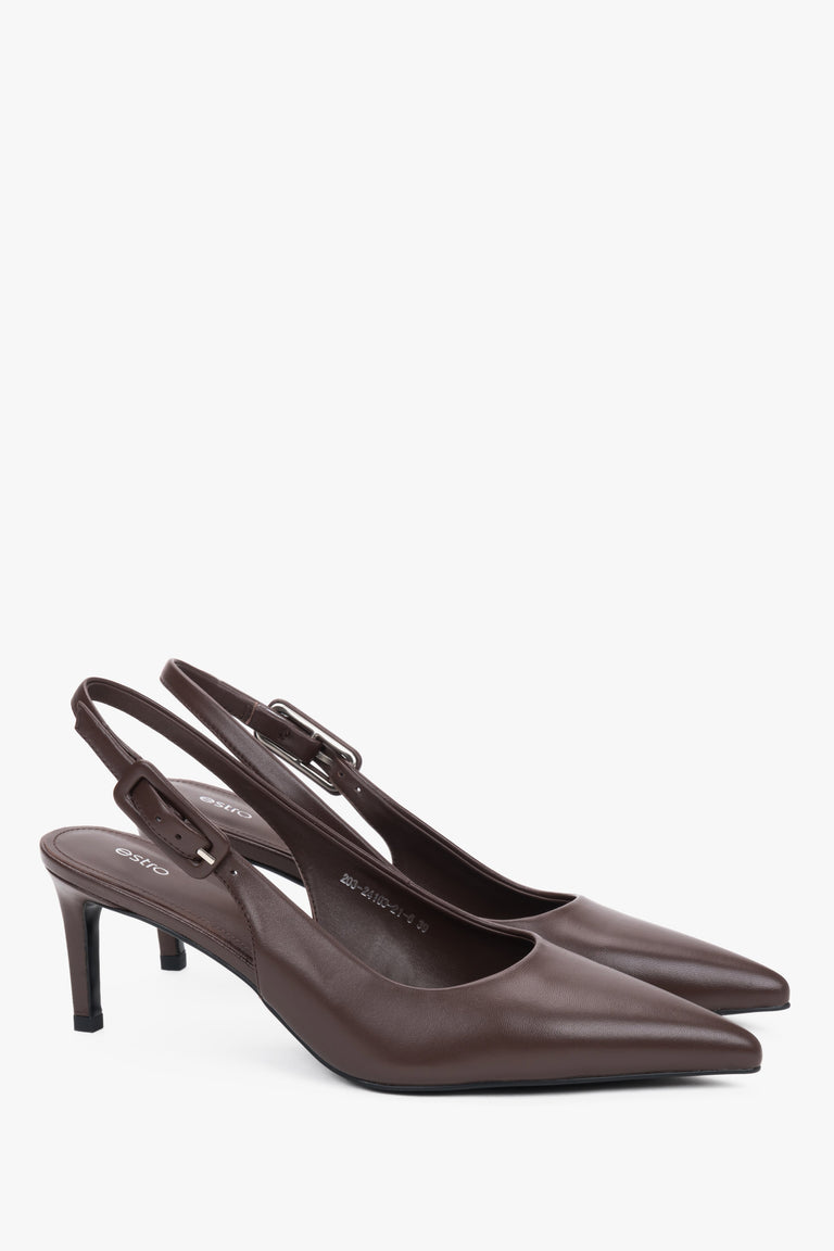 Elegant dark brown leather heels with a 6.5 cm stiletto and natural kidskin lining.