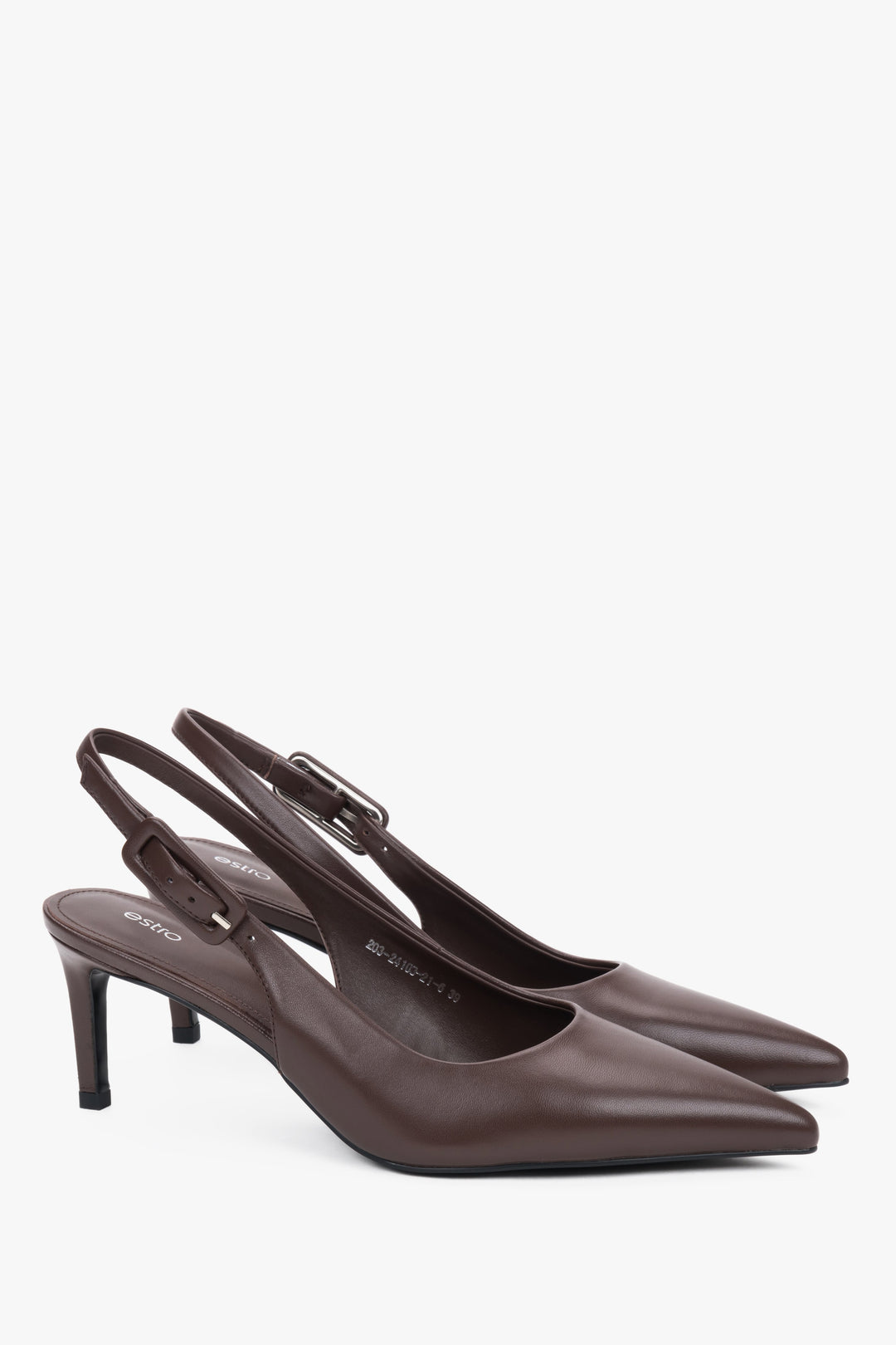 Elegant dark brown leather heels with a 6.5 cm stiletto and natural kidskin lining.