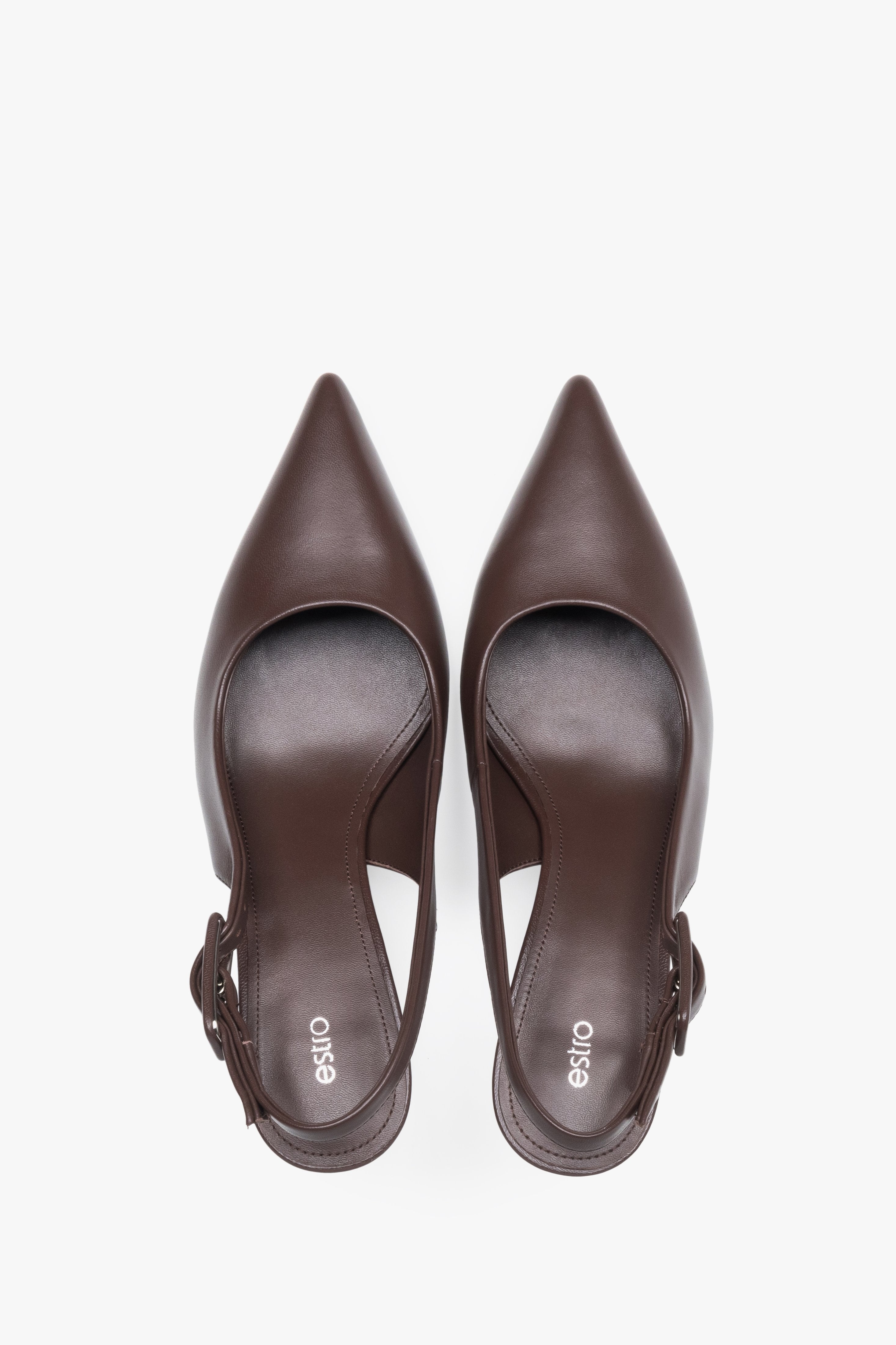 Estro dark brown slingback pumps featuring a luxury chevro leather insole.