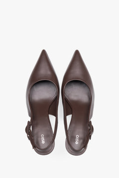 Estro dark brown slingback pumps featuring a luxury chevro leather insole.