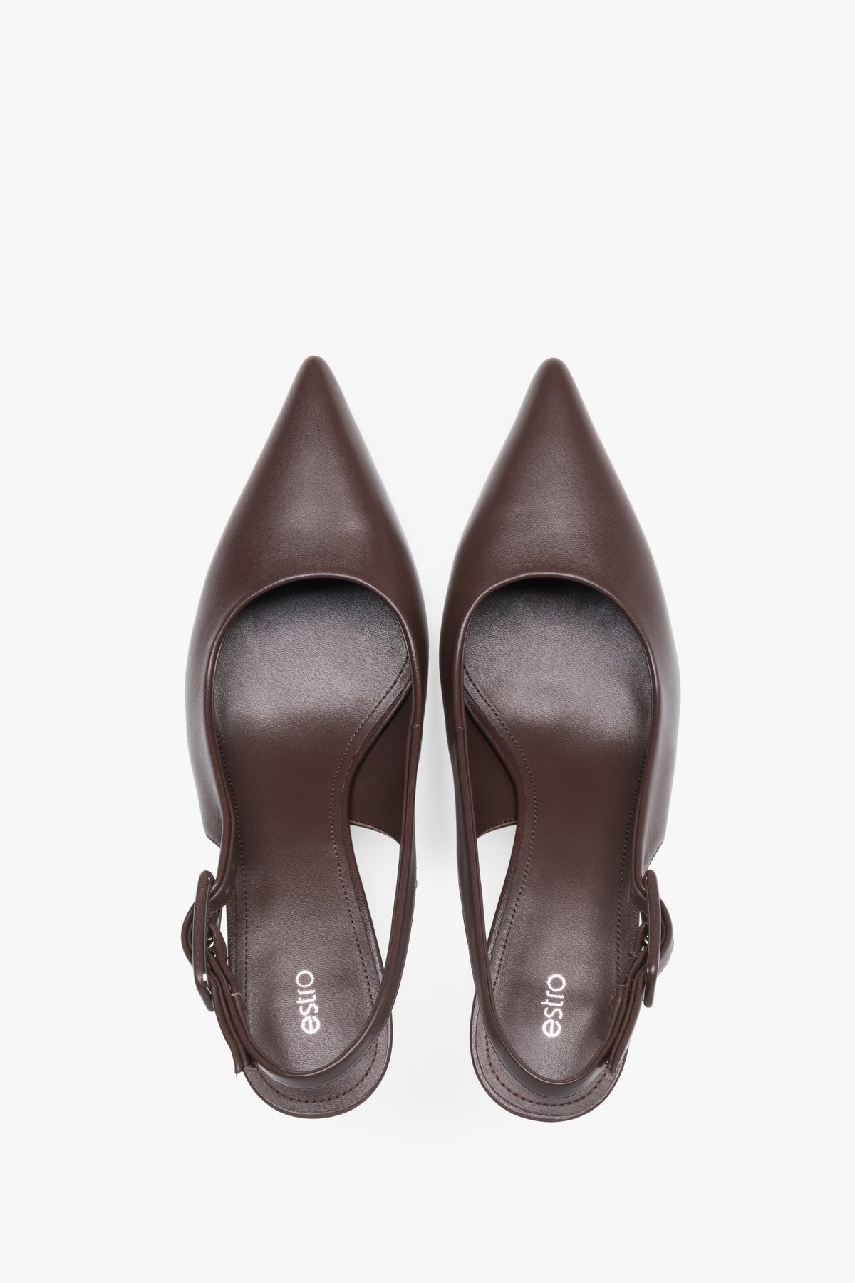 Estro dark brown slingback pumps featuring a luxury chevro leather insole.