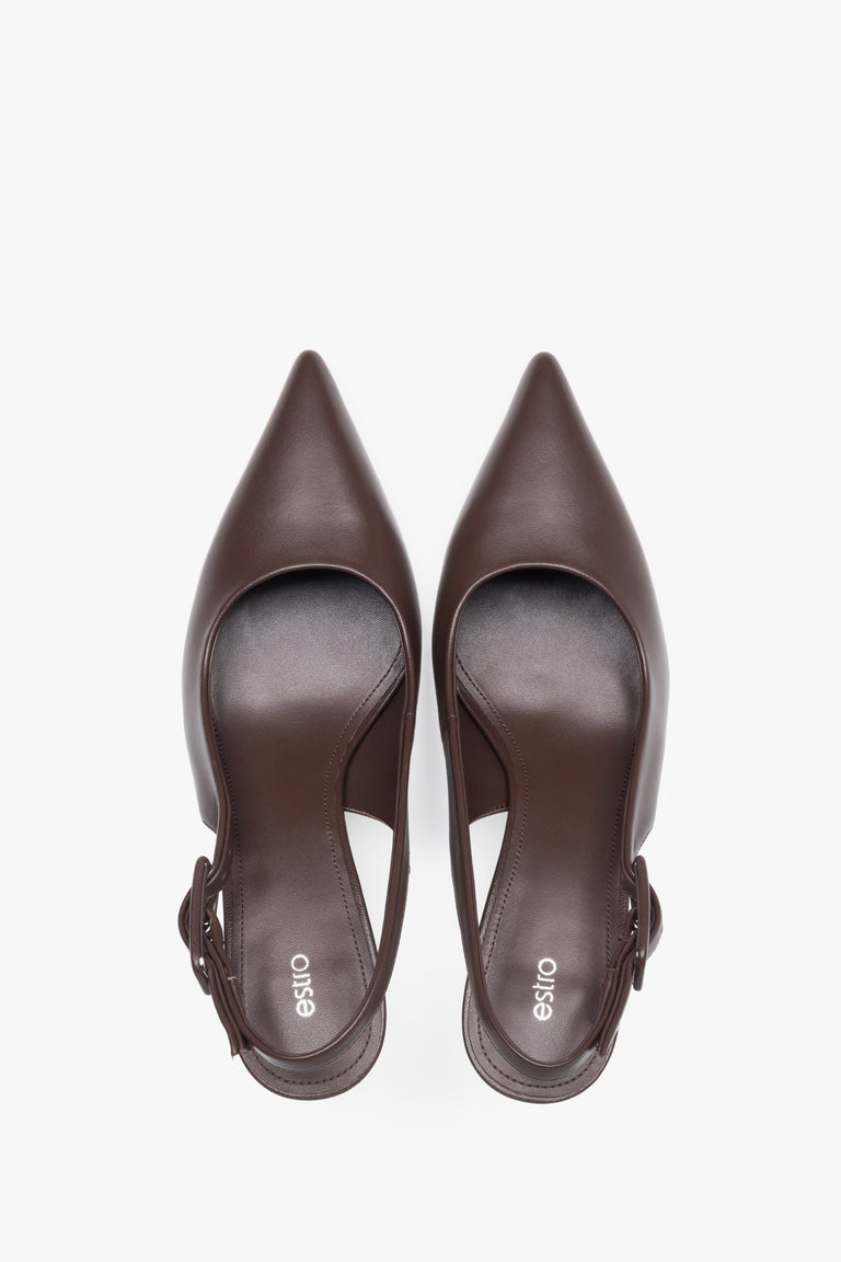 Estro dark brown slingback pumps featuring a luxury chevro leather insole.