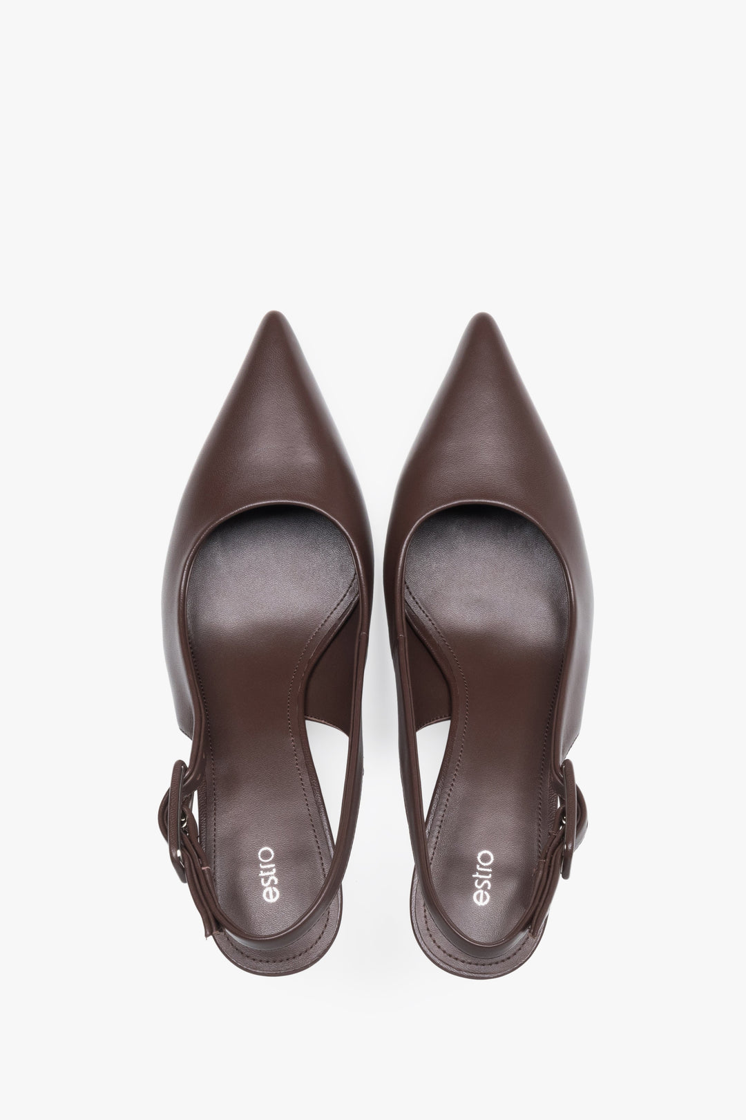 Estro dark brown slingback pumps featuring a luxury chevro leather insole.