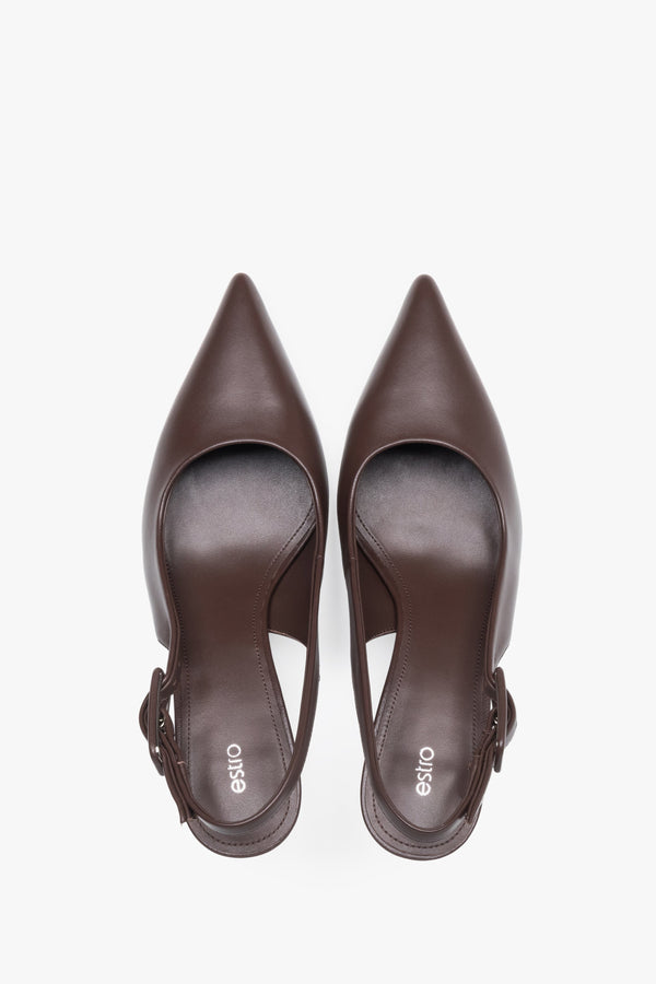 Estro dark brown slingback pumps featuring a luxury chevro leather insole.