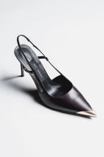 Women's dark brown leather slingback stilettos with gold pointed toe by Estro Selection