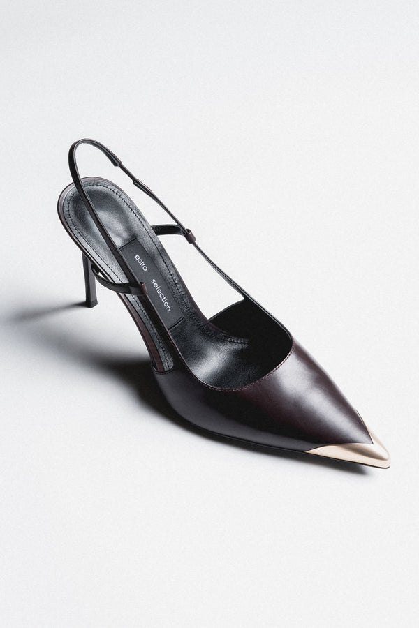 Women's dark brown leather slingback stilettos with gold pointed toe by Estro Selection