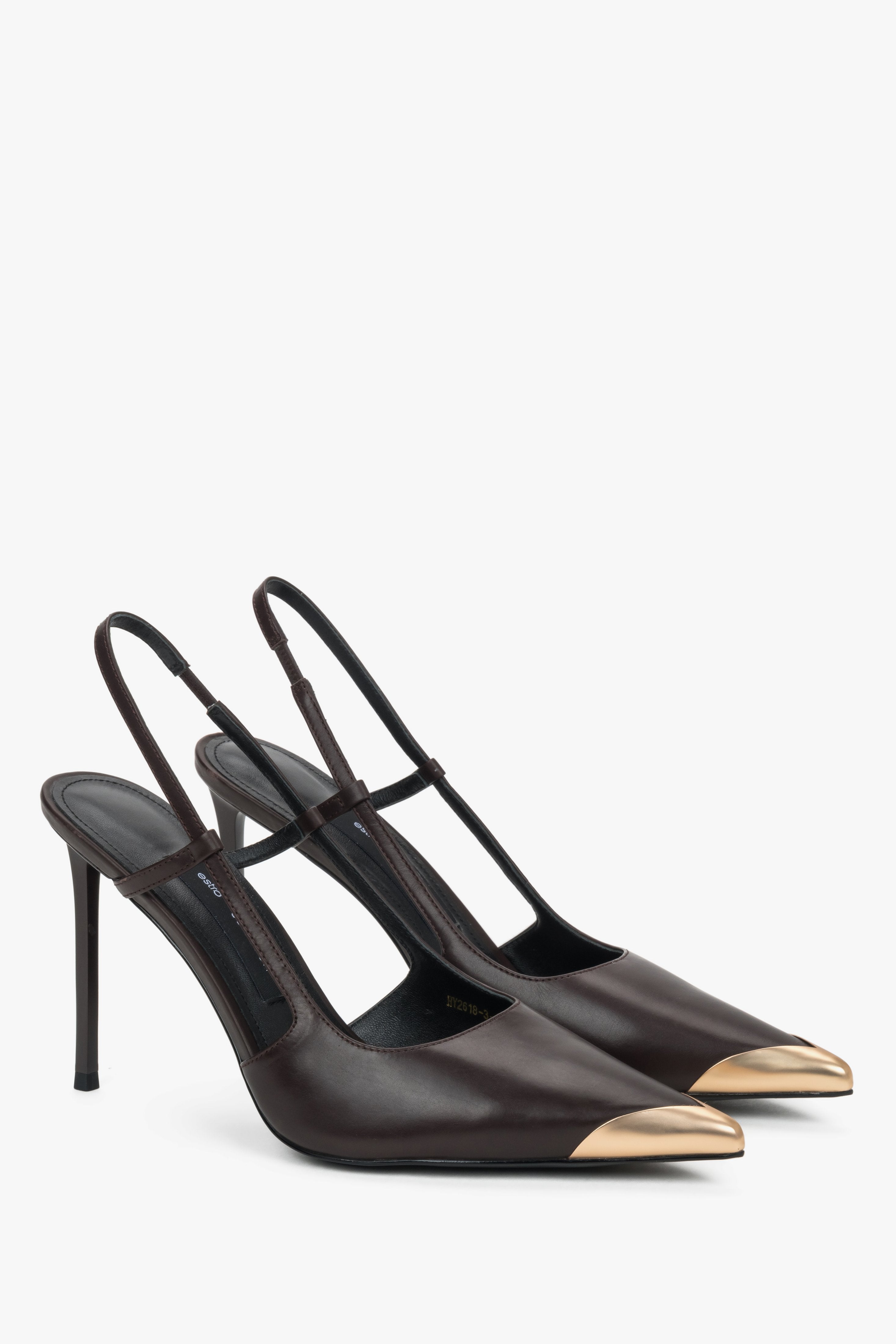 Women's dark brown slingback heels with gold toe cap by Estro Selection