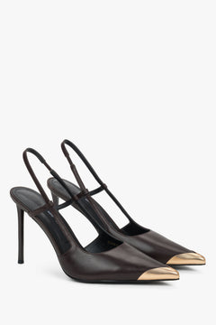 Women's dark brown slingback heels with gold toe cap by Estro Selection