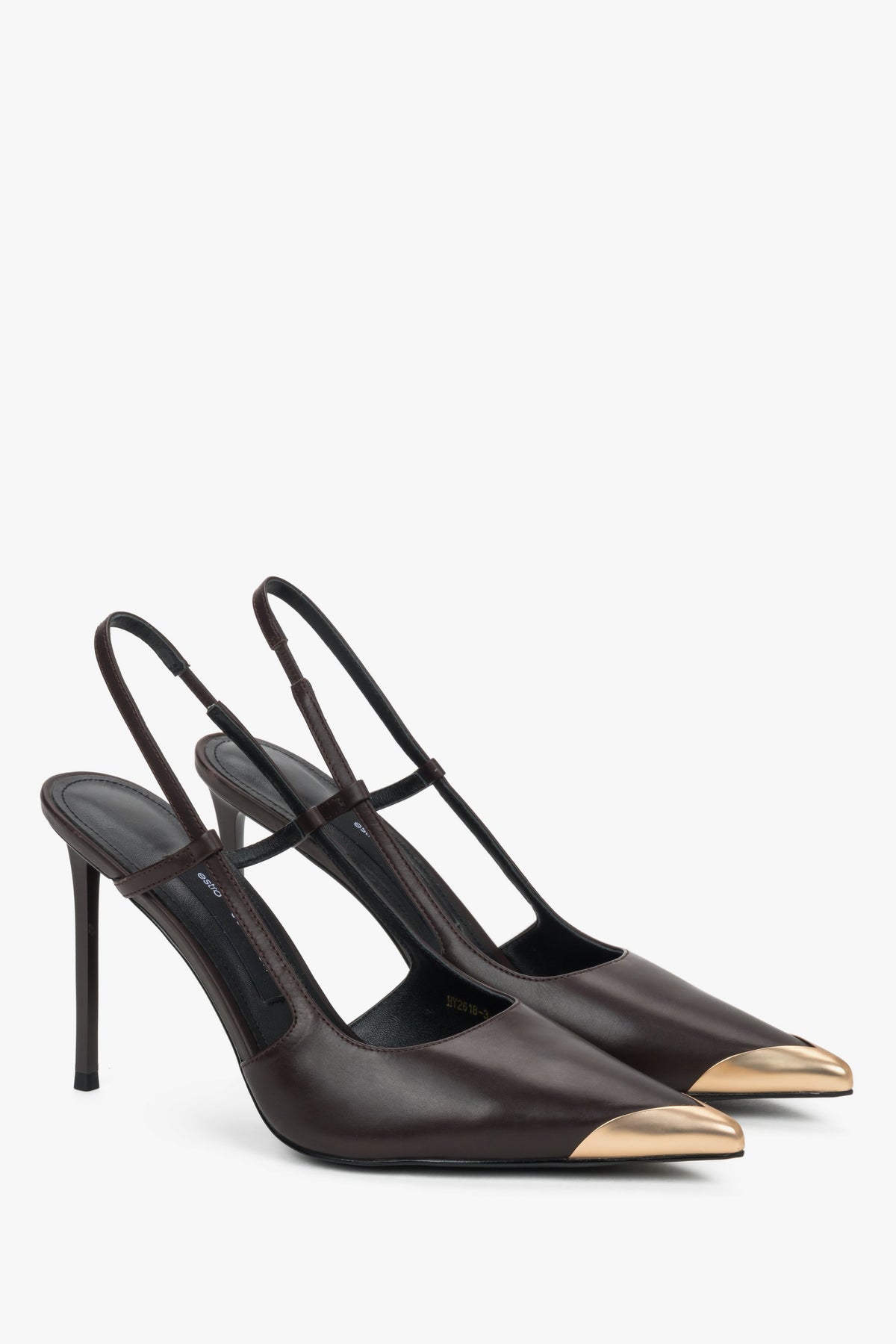 Women's dark brown slingback heels with gold toe cap by Estro Selection