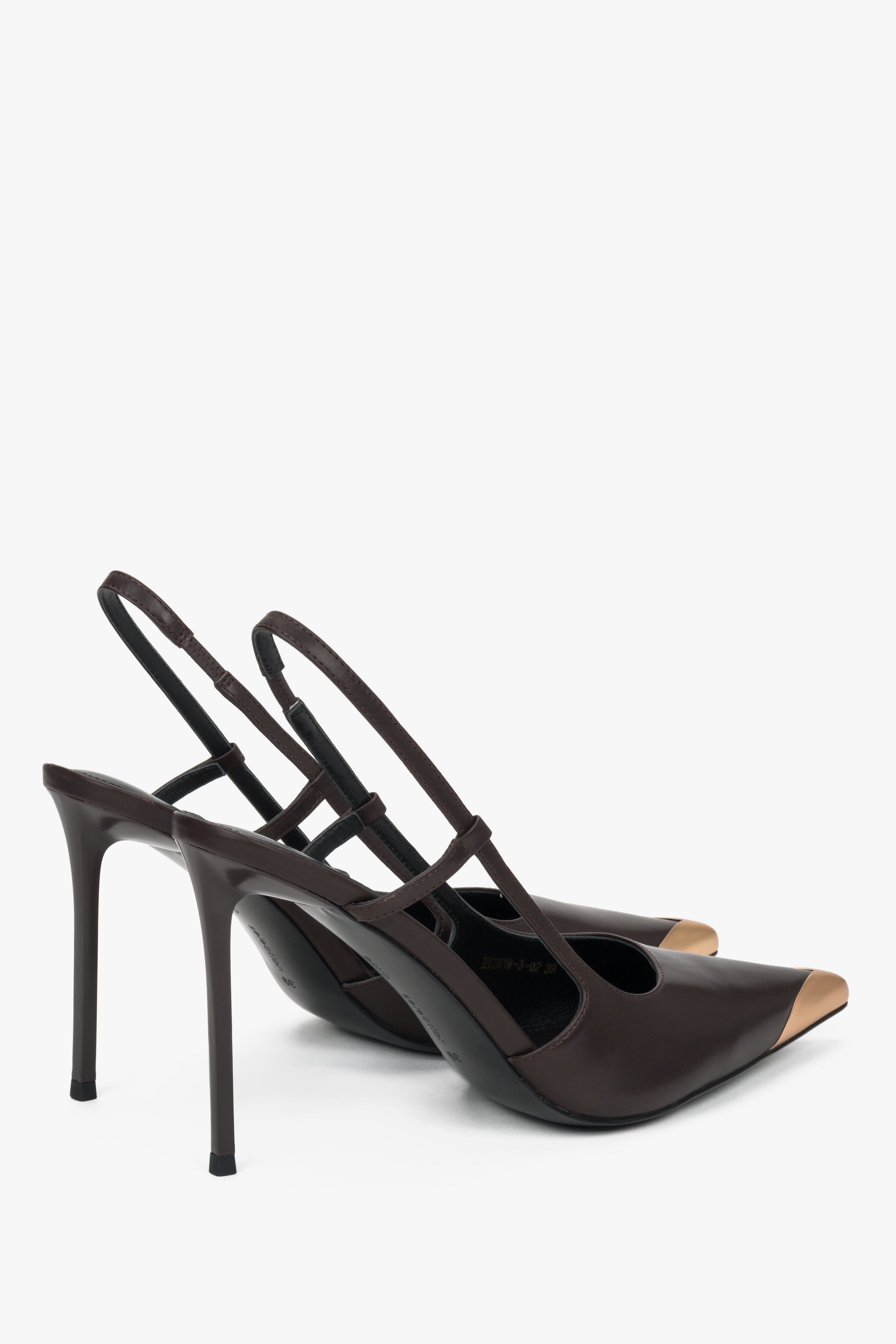 Women's brown leather slingback stilettos with gold pointed toe and open heel
