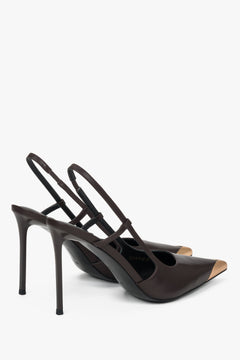 Women's brown leather slingback stilettos with gold pointed toe and open heel