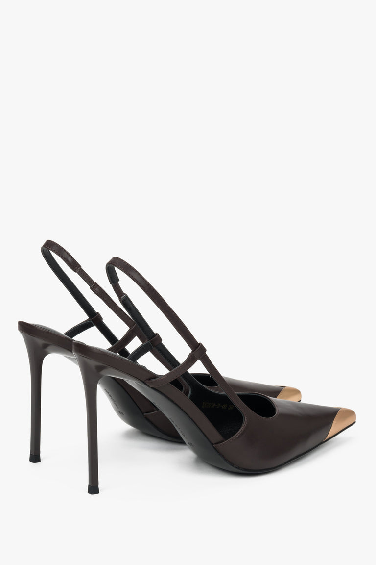 Women's brown leather slingback stilettos with gold pointed toe and open heel