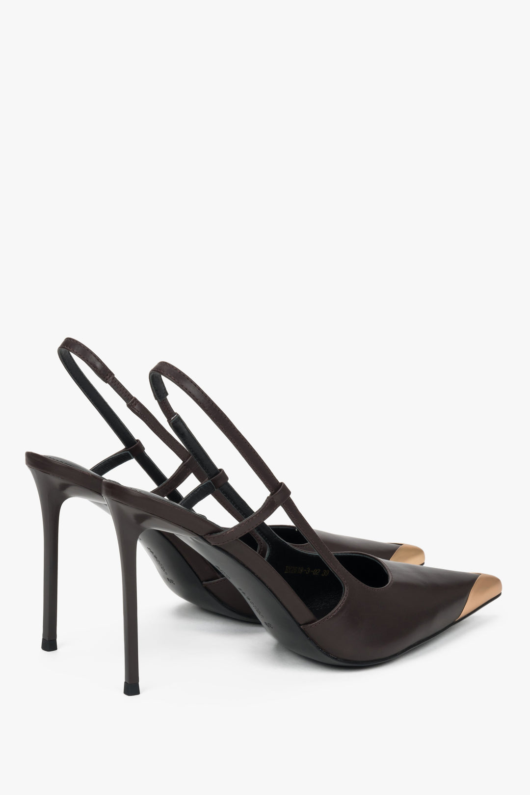 Women's brown leather slingback stilettos with gold pointed toe and open heel