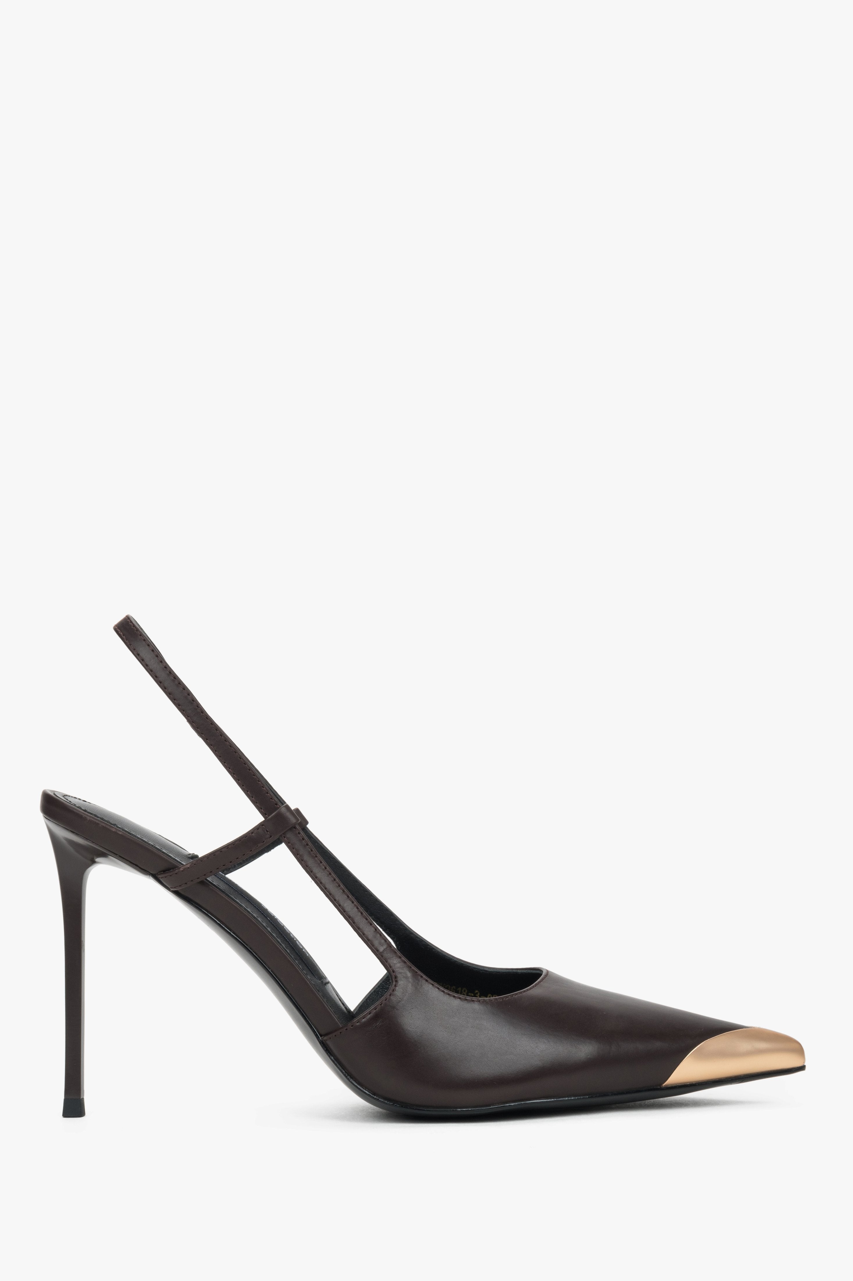 Side profile of women's dark brown leather slingback stilettos by Estro Selection