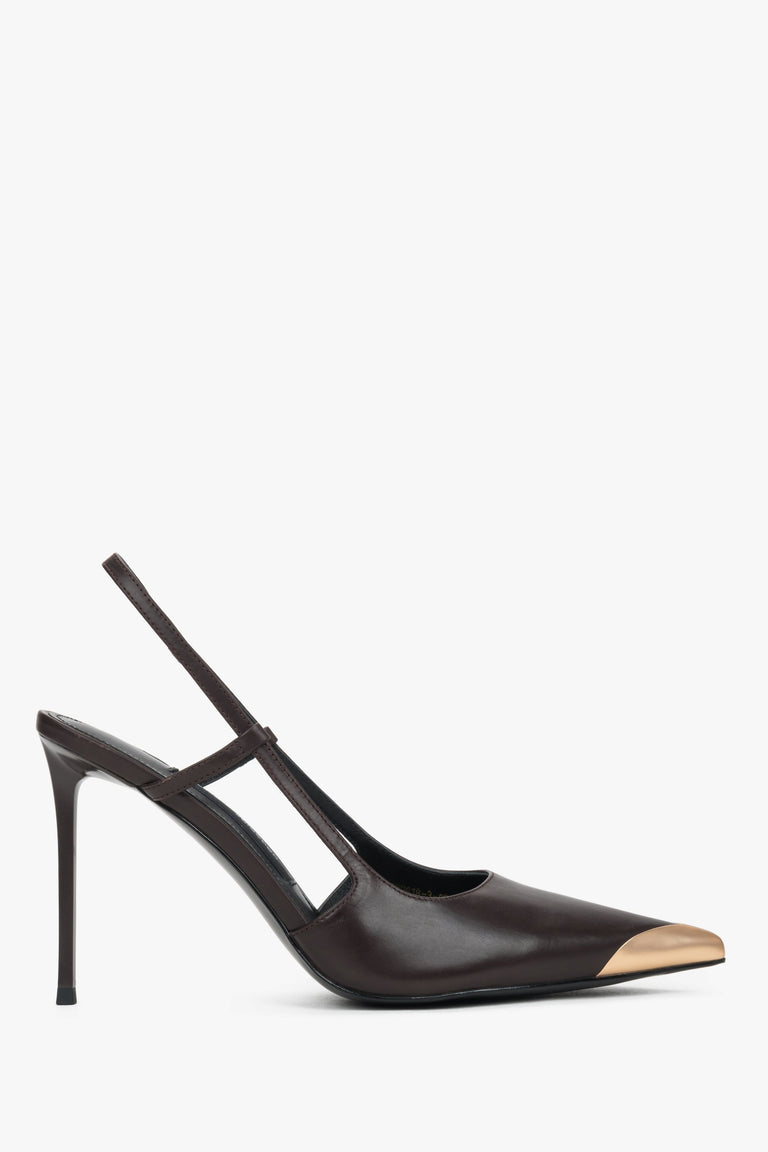 Side profile of women's dark brown leather slingback stilettos by Estro Selection