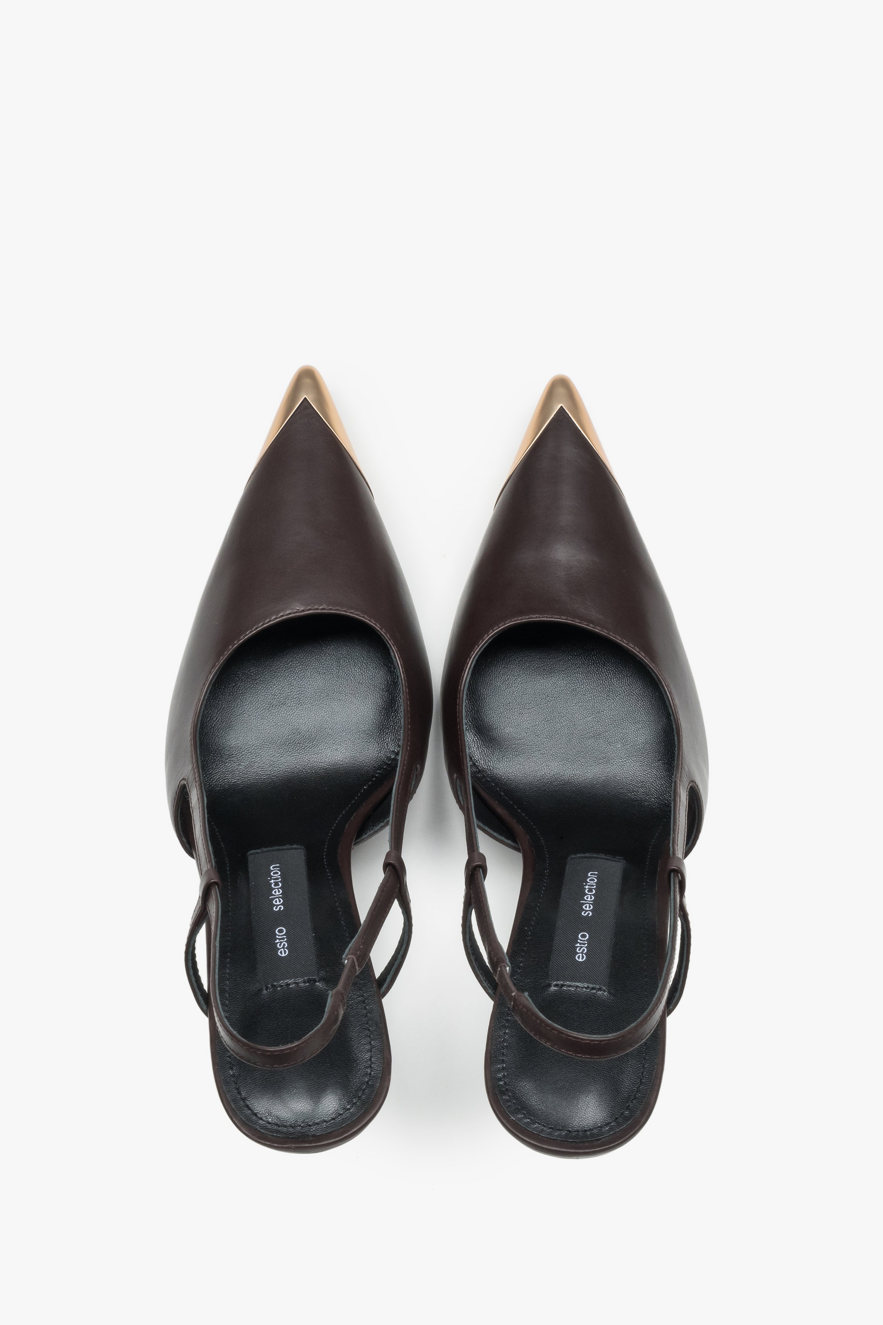 Front view of women's dark brown slingback stilettos with pointed toe