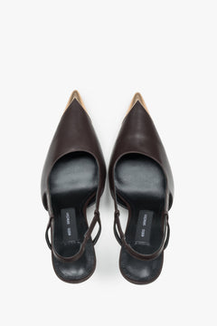 Front view of women's dark brown slingback stilettos with pointed toe