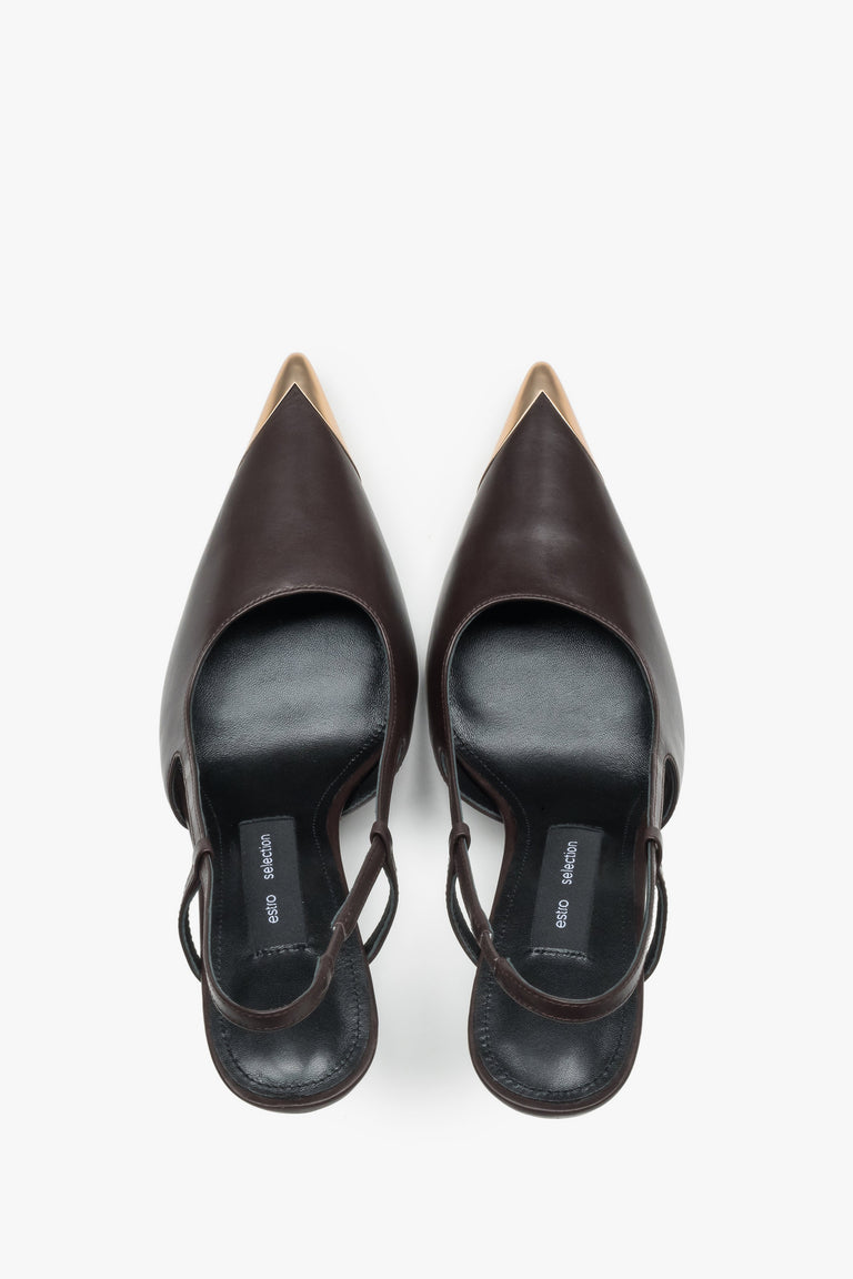 Front view of women's dark brown slingback stilettos with pointed toe