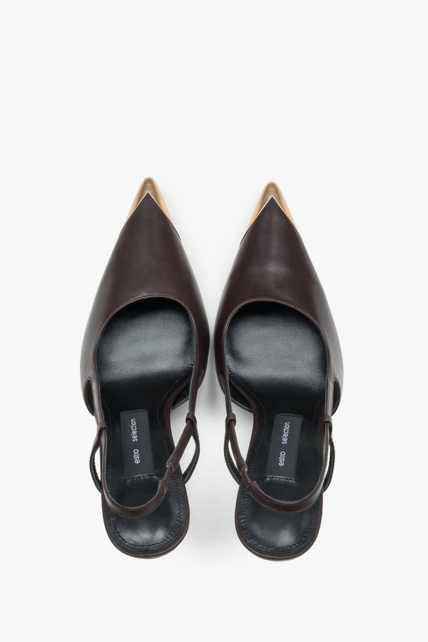 Front view of women's dark brown slingback stilettos with pointed toe