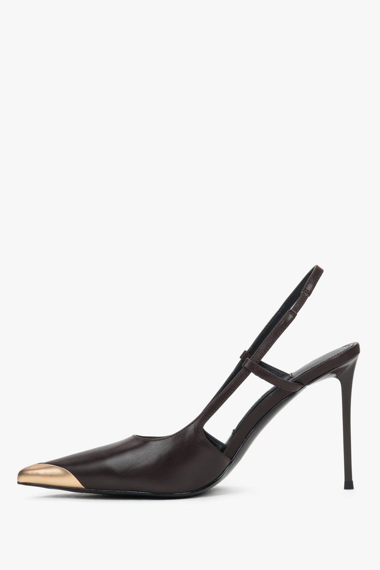 Low side view of women's dark brown leather slingback heels with gold toe