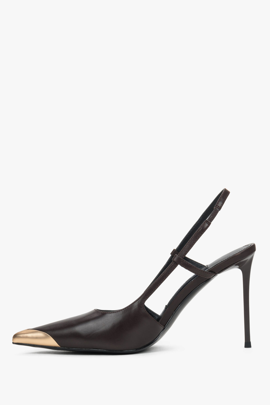 Low side view of women's dark brown leather slingback heels with gold toe