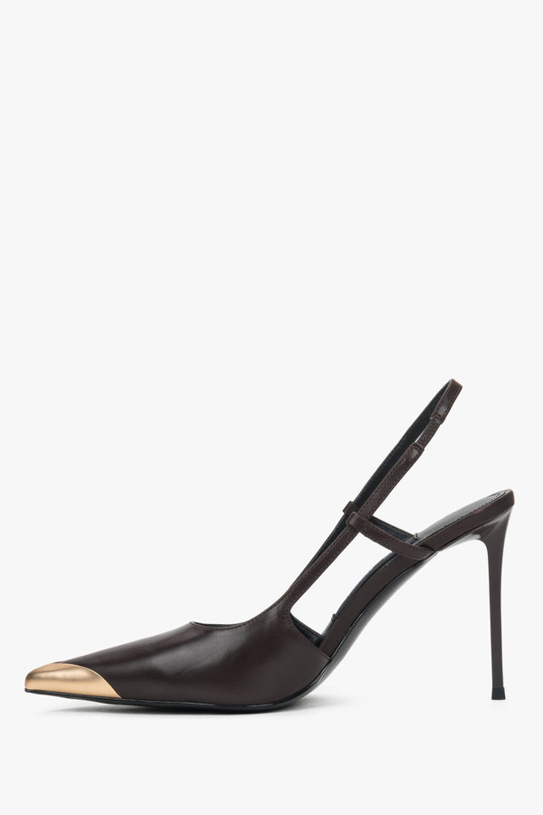 Low side view of women's dark brown leather slingback heels with gold toe