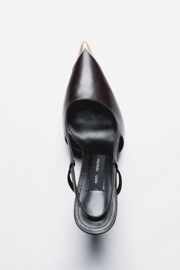 Top view of women's dark brown leather slingback stilettos by Estro Selection