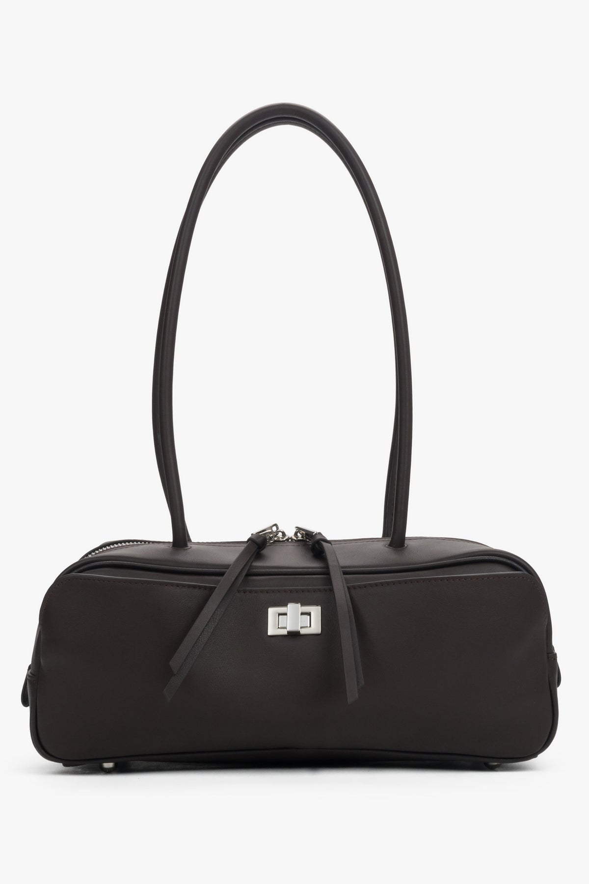 Dark brown natural leather shoulder baguette bag. Slim silhouette and decorative pull tabs at the zippers.