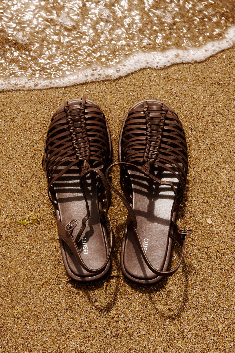 Women's Dark Brown Leather Thin-Strap Fisherman Sandals Estro ER00119392.