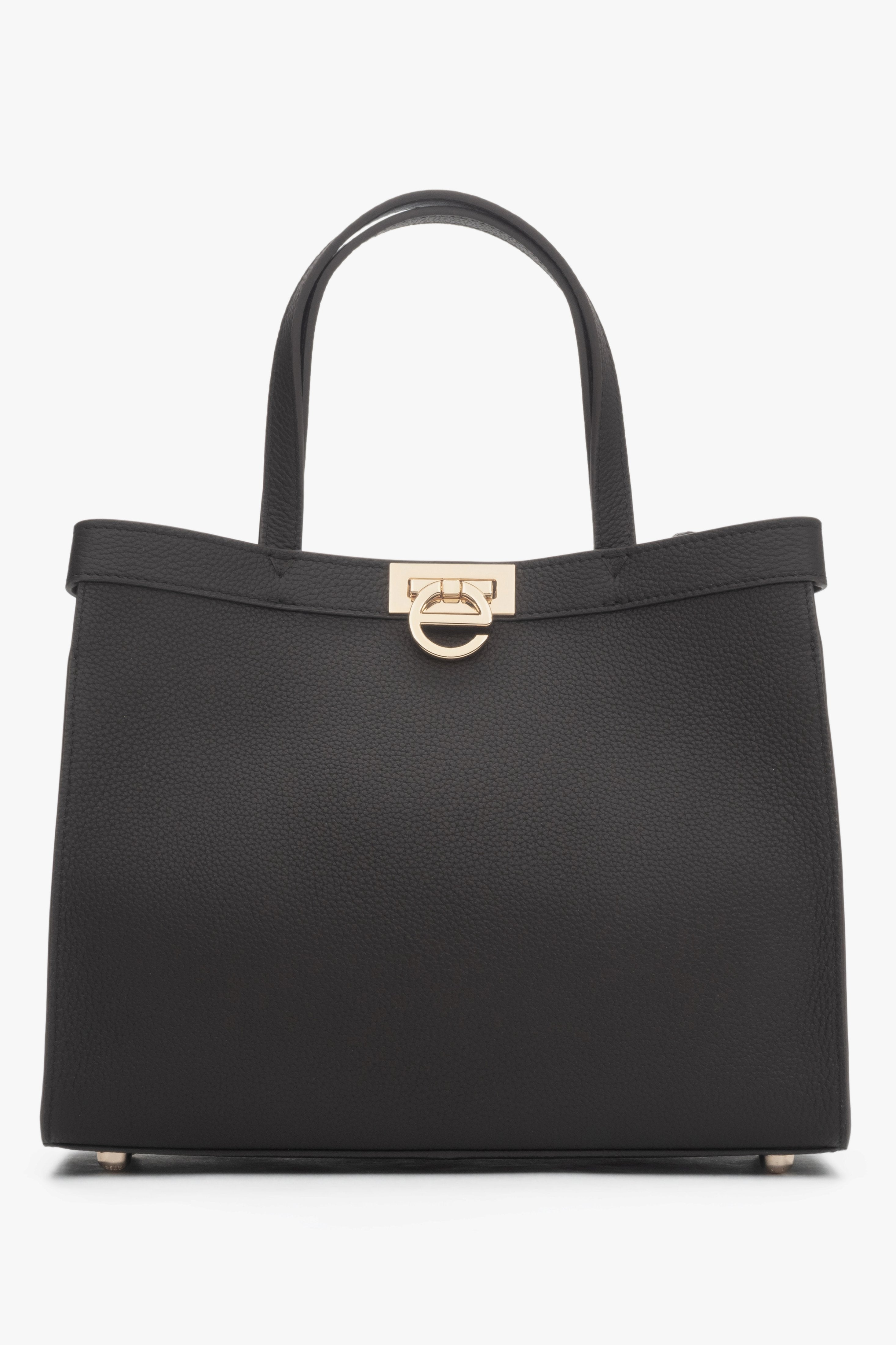 Elegant dark brown leather shoulder bag with sophisticated gold hardware.