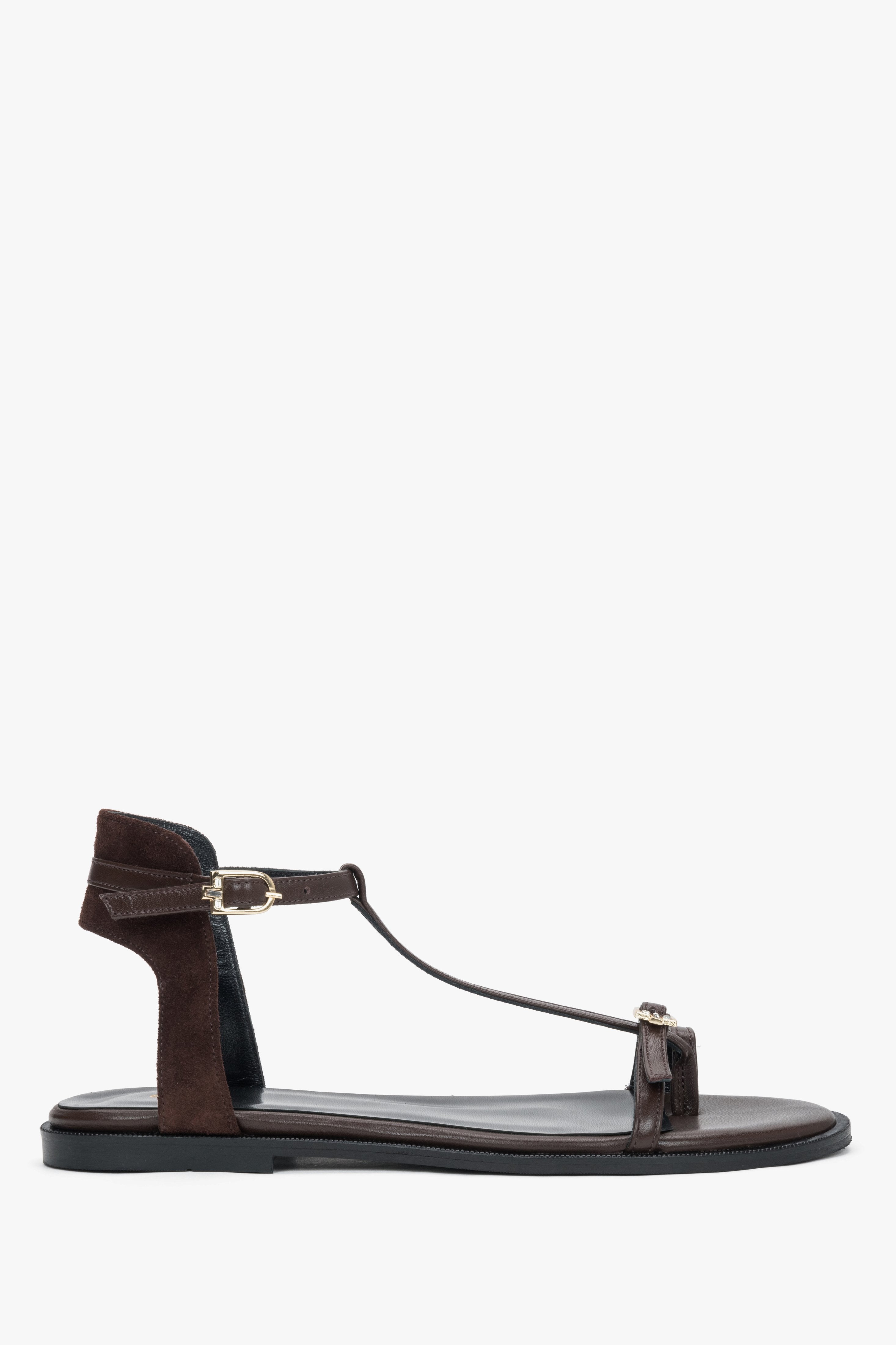 Women's dark brown leather and velour flat sandals with gold details by Estro