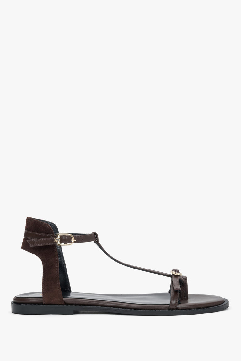 Women's dark brown leather and velour flat sandals with gold details by Estro