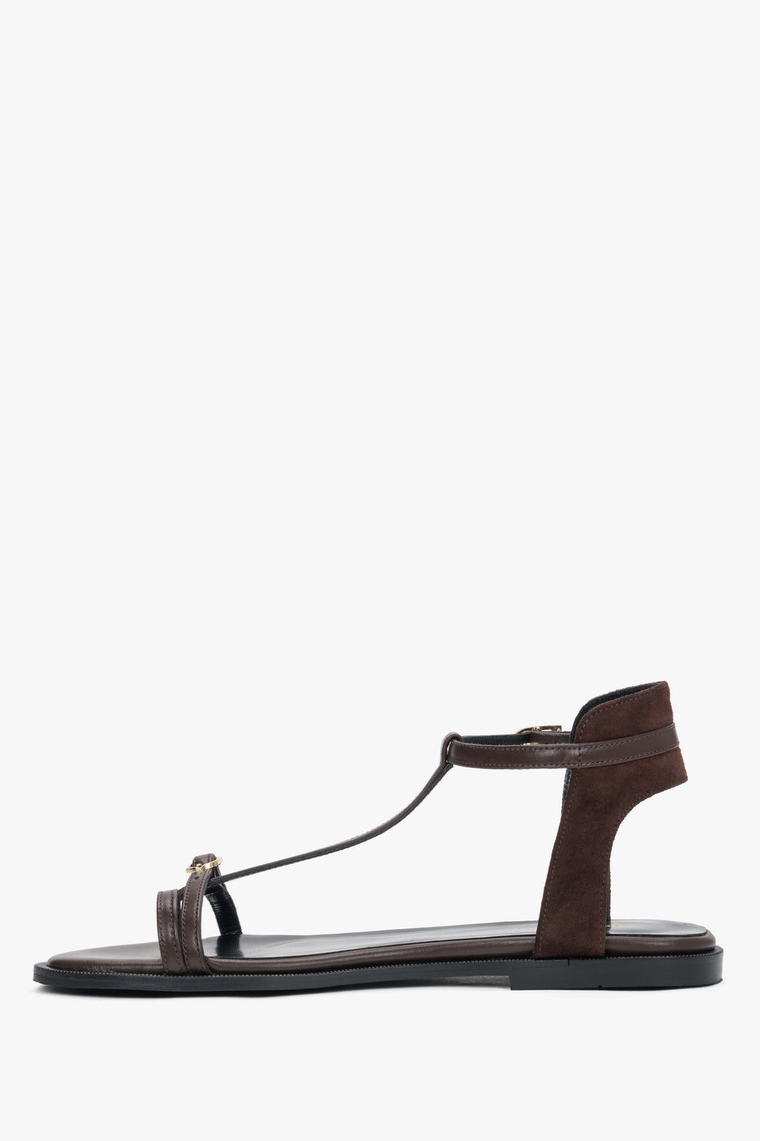 Women's dark brown leather and velour sandals with gold buckles