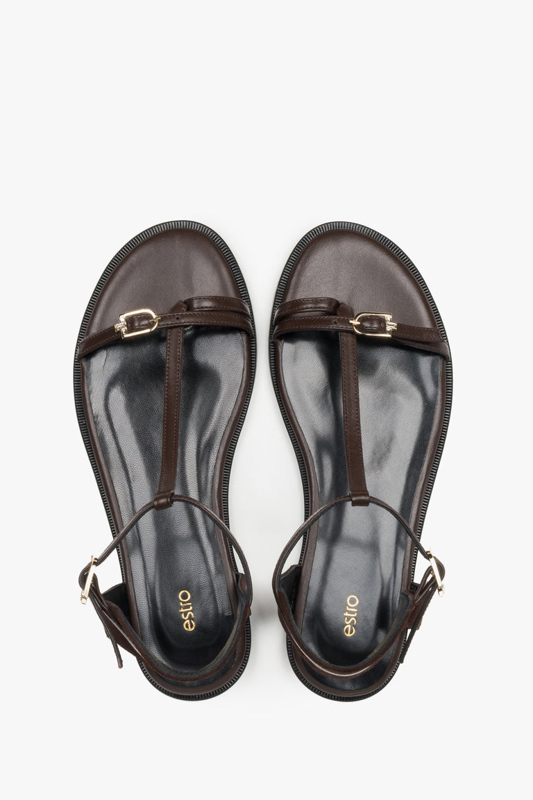 Top view of women's dark brown flat sandals by Estro