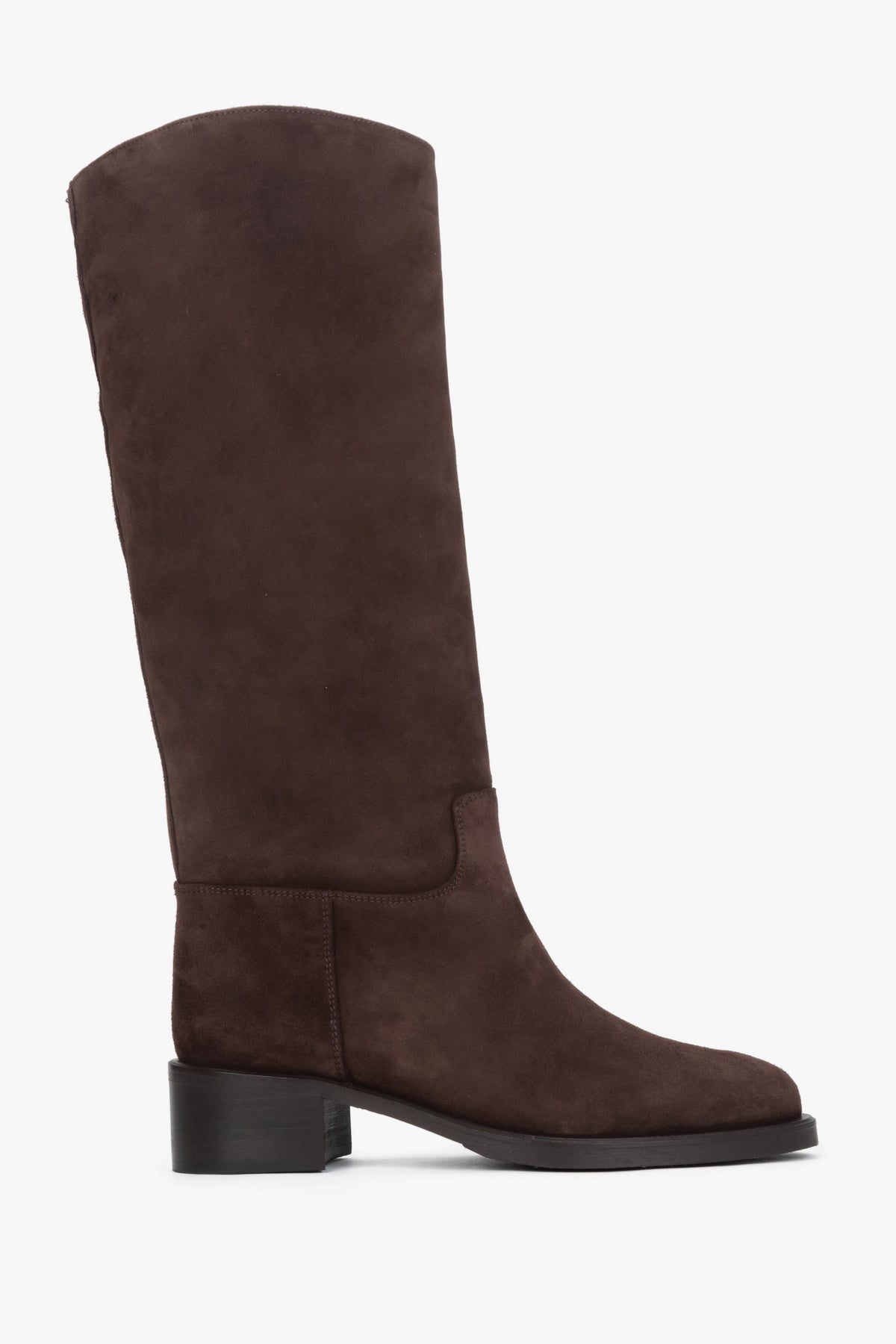 Women’s dark brown knee-high boots made of natural velour with a low heel Estro.