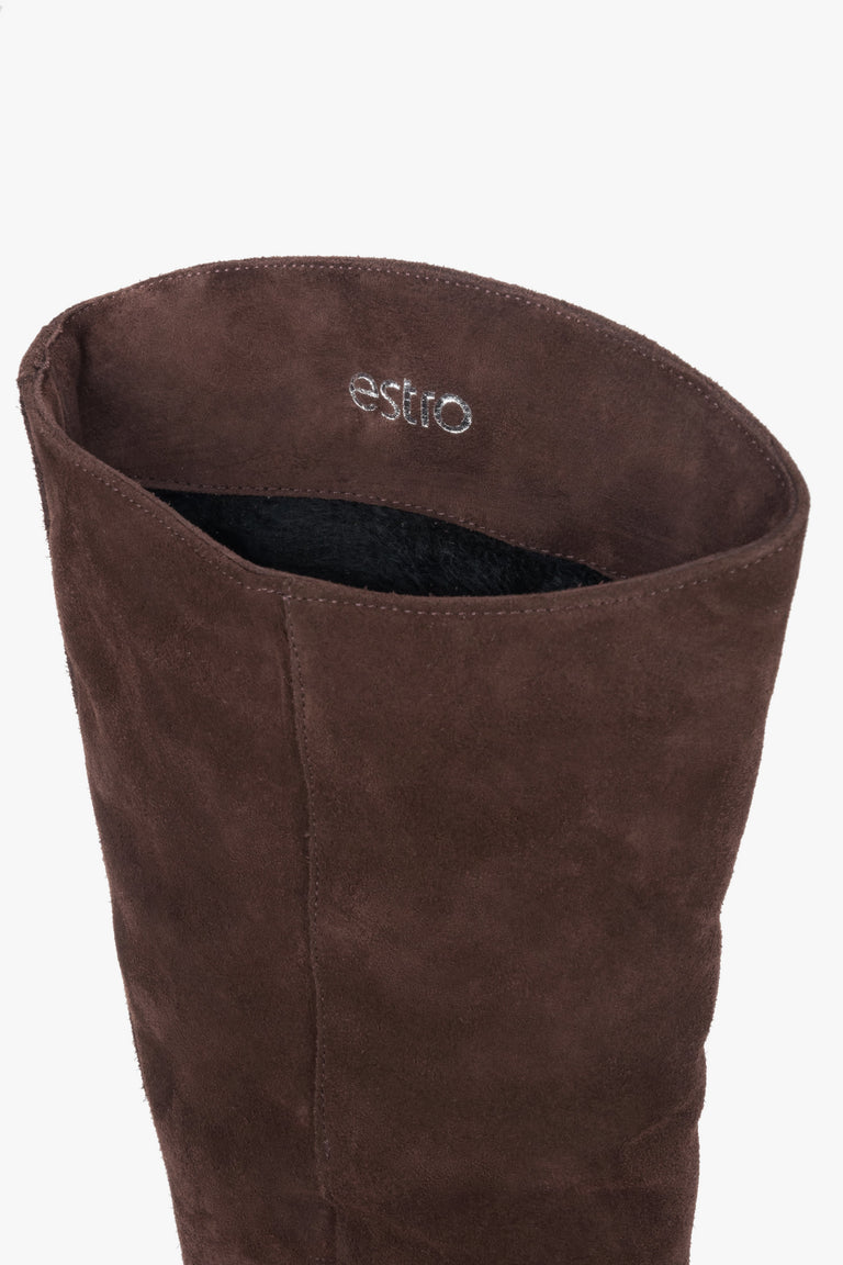 Dark brown women’s knee-high boots made of natural velour with a low heel – details.