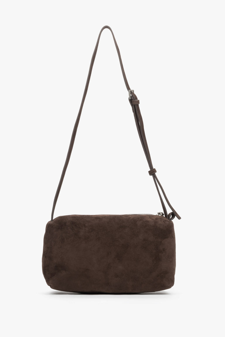 Back view of women's dark brown velour messenger bag.