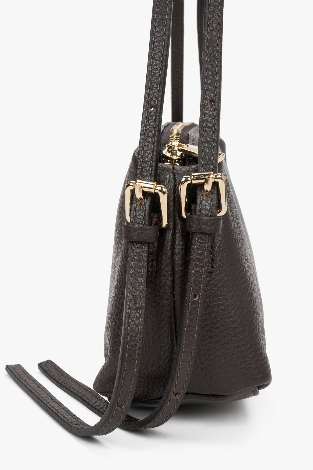 Dark brown  women's oblong shoulder bag made of pebbled premium Italian genuine leather