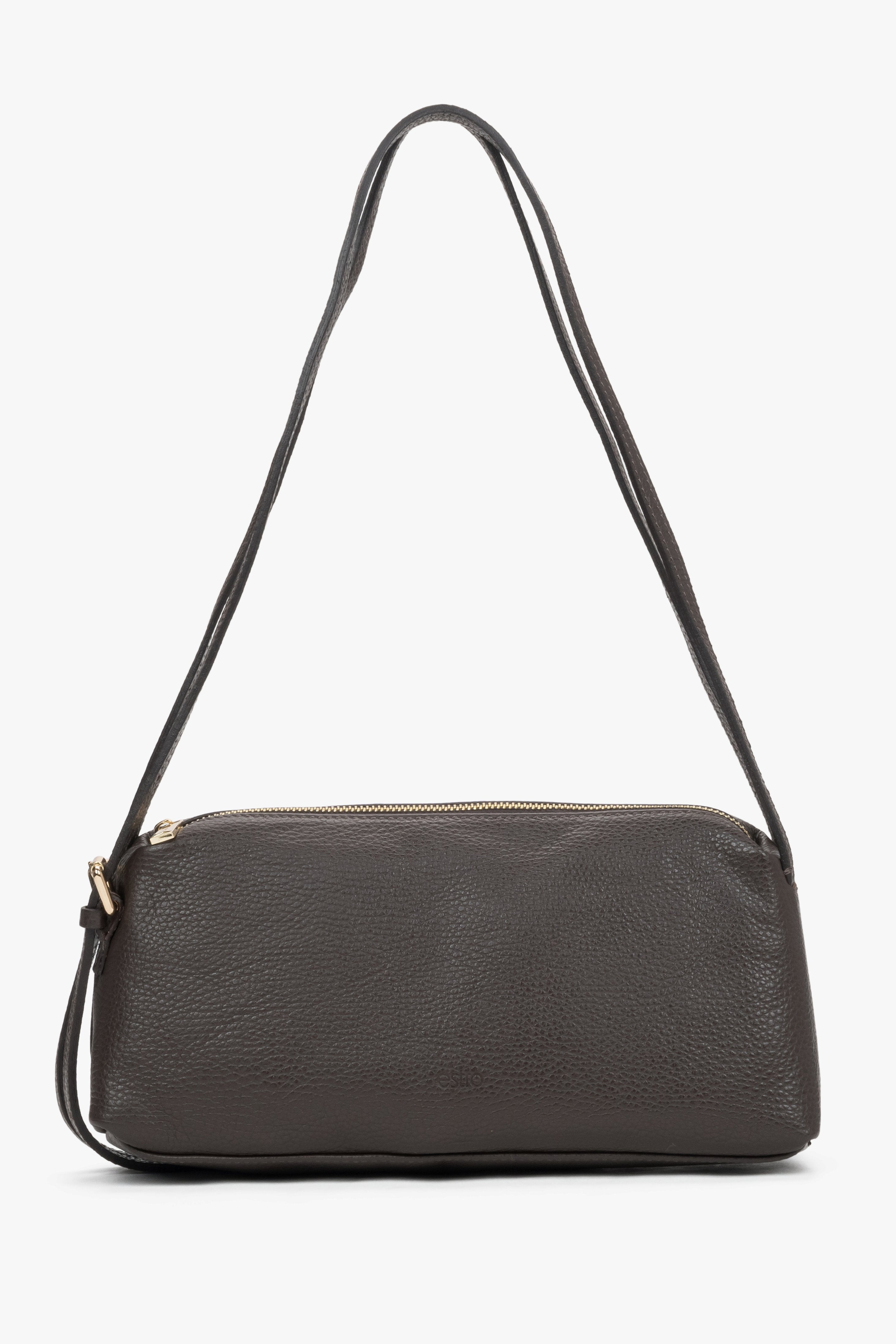 Stylish dark brown women's handbag made of textured premium Italian leather in an oblong design.
