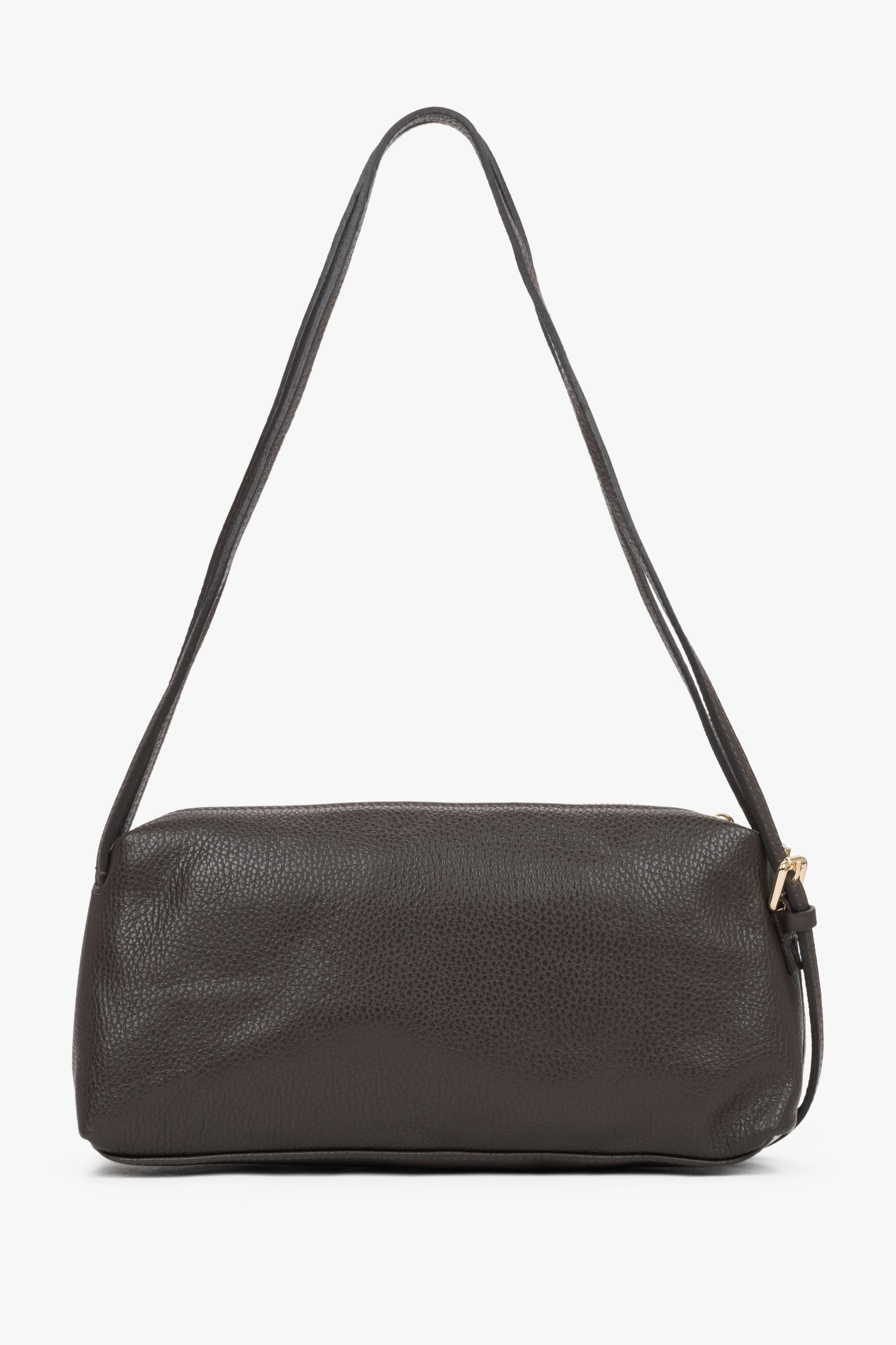 Dark brown women's oblong shoulder bag made of pebbled premium Italian genuine leather