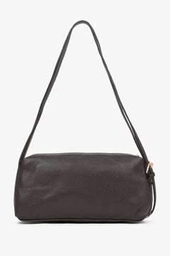 Dark brown women's oblong shoulder bag made of pebbled premium Italian genuine leather